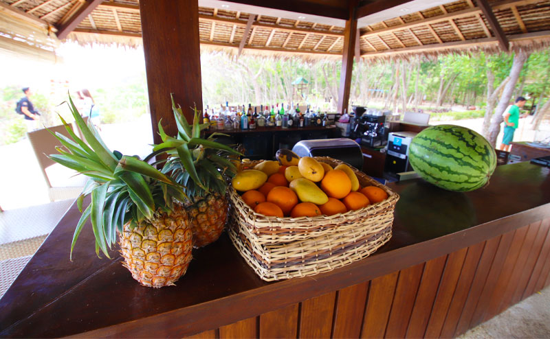 バーカウンターに盛り付けられた色鮮やかなフィリピンのフルーツ